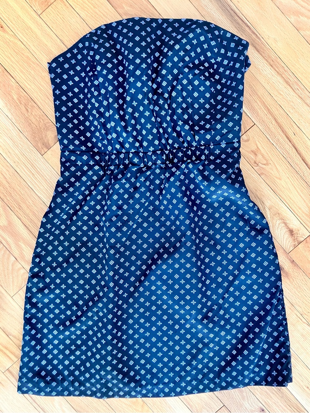 Club Monaco Strapless Navy Blue Dress with White Geo Print